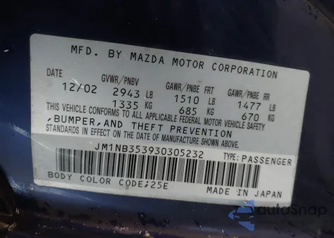 2003 Mazda Mx-5 Miata Cloth/Ls/Se/Shinsen из США, поврежденный, VIN JM1NB353930305232